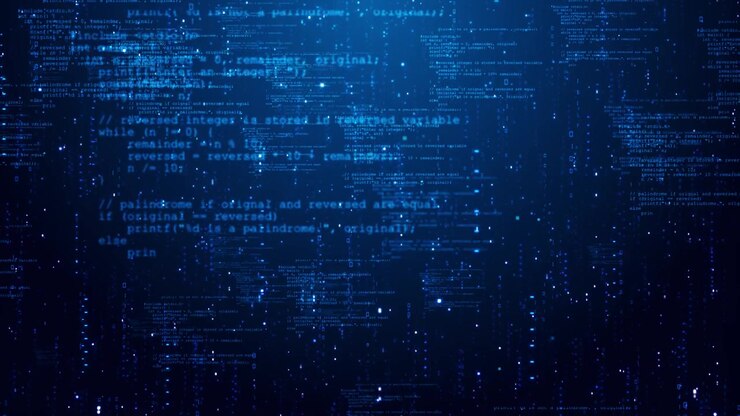 Blue programming code rain background falling binary digits glowing software text and dark digital