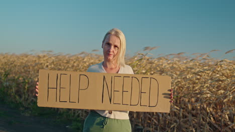 woman in a cornfield holding a sign that says "help needed"