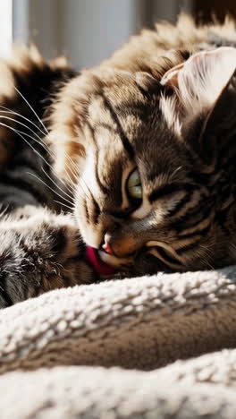 fluffy cat grooming itself on a knitted blanket