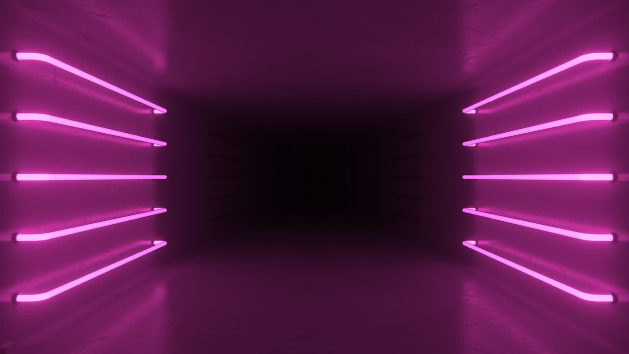 interior de habitación rosa abstracto con lámparas de neón rosadas brillantes, lámparas fluorescentes. fondo de arquitectura futurista. caja con pared de hormigón. maqueta para su proyecto de diseño. bucle sin costuras animación 3d 4k