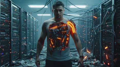 cyborg man in a damaged server room