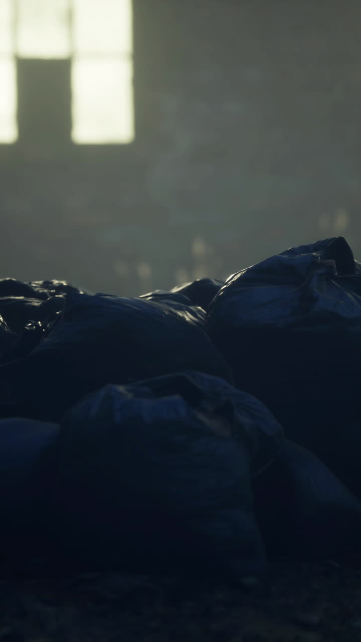 Pile of Garbage Bags in a Dark Room