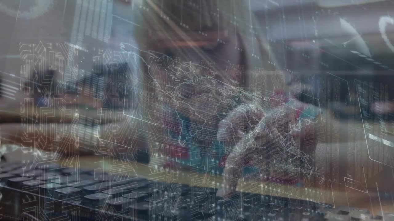 animación de pantalla con mapa del mundo y datos sobre chica caucásica usando computadora en la escuela