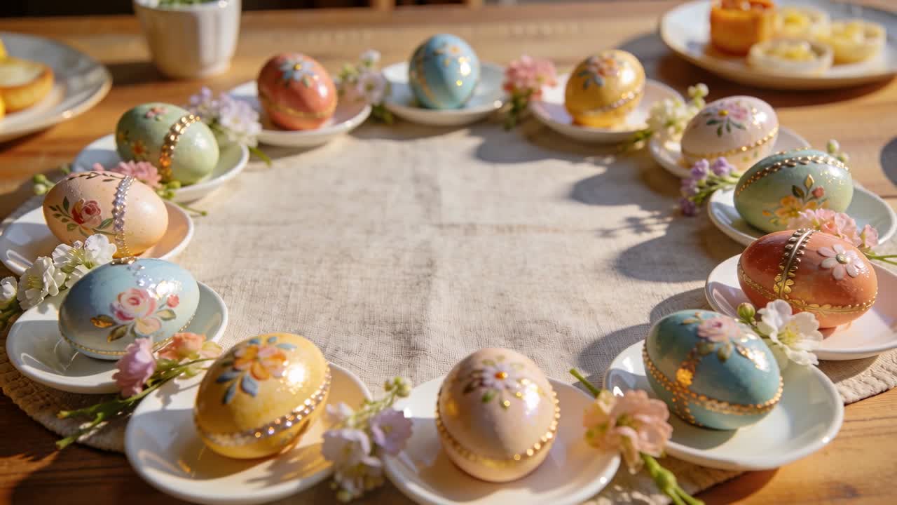 Camera pulling back and revealing handcrafted pastel eggs on saucers, framing home decor still life
