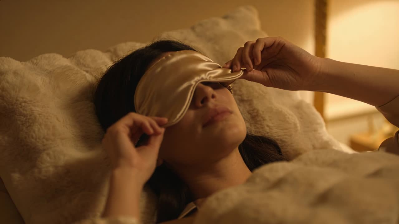 Woman holding sleep mask above eyes, lowering and smoothing mask while warm lamp signaling rest