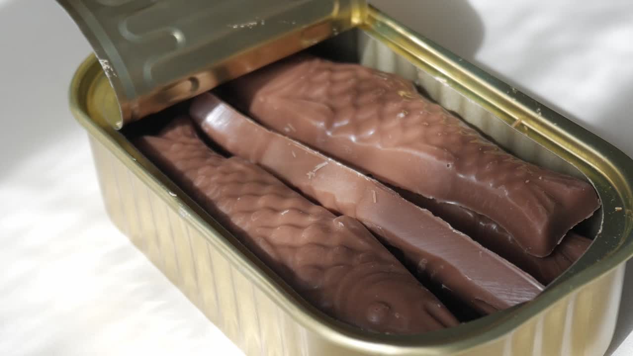 Sarden cokelat unik dalam kaleng, membangkitkan kejutan dan kegembiraan.