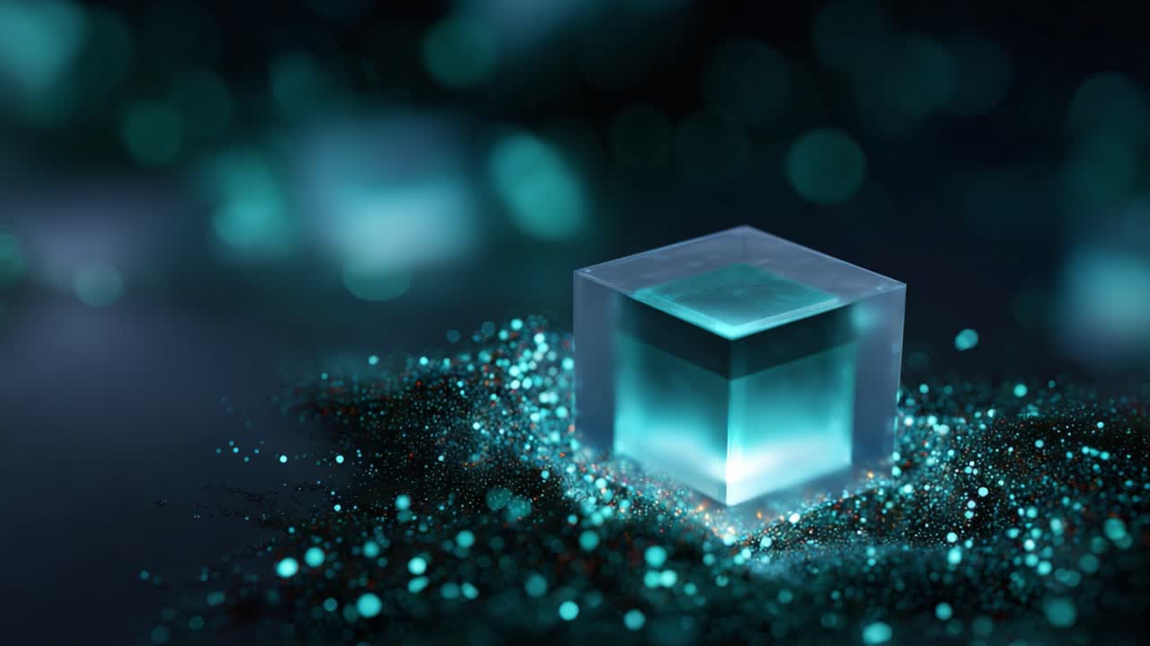 A captivating close-up of a translucent cube resting on a shimmering bed of glitter, radiating ethereal light and evoking a sense of magic and wonder