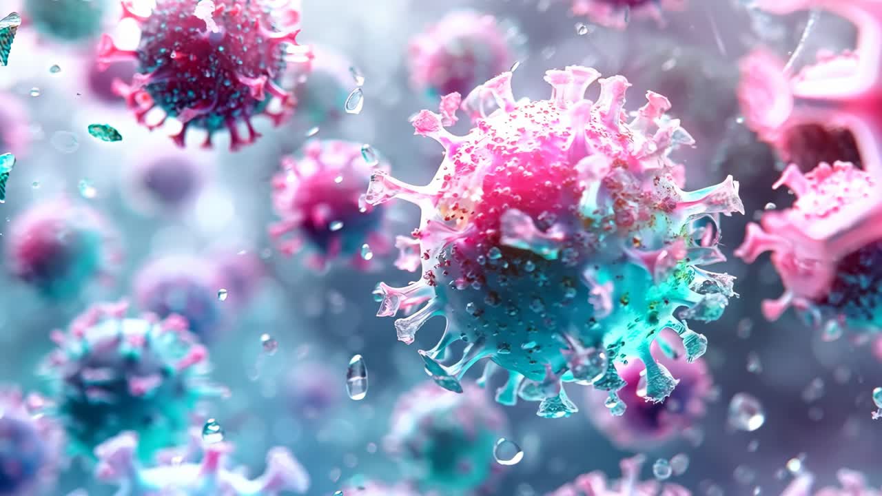 A close up of a virus with pink, blue and green colors. The virus is surrounded by water droplets