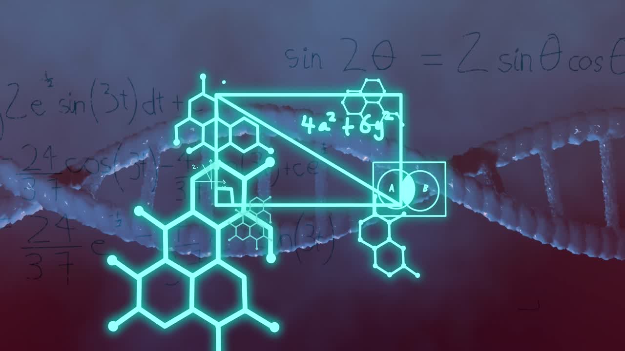 파란색 배경에 dna 줄에 대한 수학적 방정식의 애니메이션