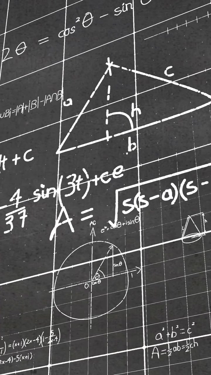 Animation of layers of mathematical formulae and equations on grids over grey chalkboard