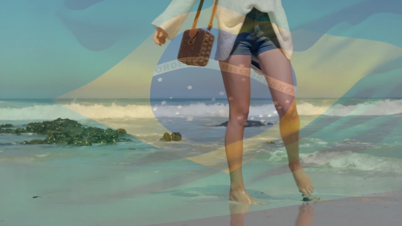 animación de la bandera de brasil sobre diversos amigos en la playa