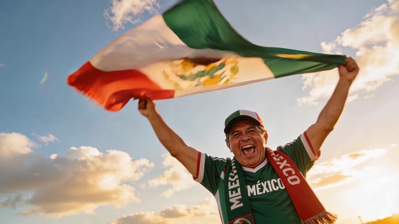 Vento agitando uma grande bandeira mexicana, homem acenando e gritando em uma planície, vestindo uma camisa do MÉXICO, cachecol e boné.
