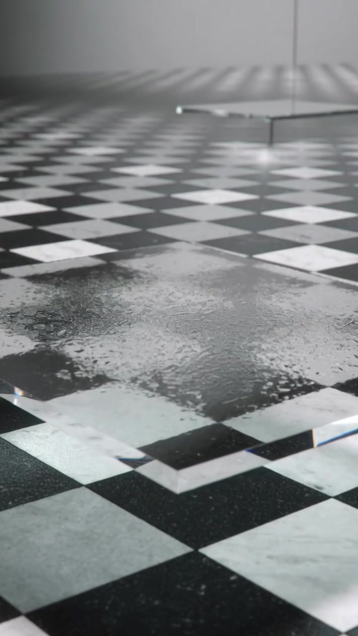 Video verticale: Pannello di vetro fluttuante che scivola sopra un pavimento a scacchiera, con una pozzanghera che si increspa per una goccia.