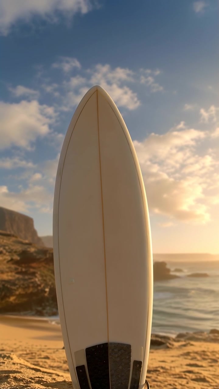 Un lento movimento in avanti porta una tavola da surf color crema in una composizione verticale più stretta mentre le onde si infrangono sulla spiaggia, la luce solare dorata brilla vicino all'orizzonte e le rocce costiere rimangono visibili