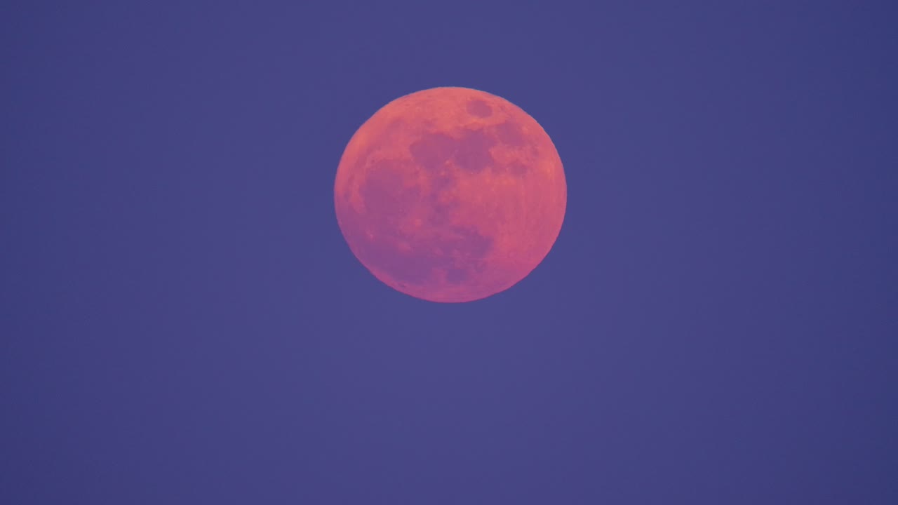 después del apocalipsis rojo naranja rosa brillante luna contra la bruma púrpura cielo flota en el aire