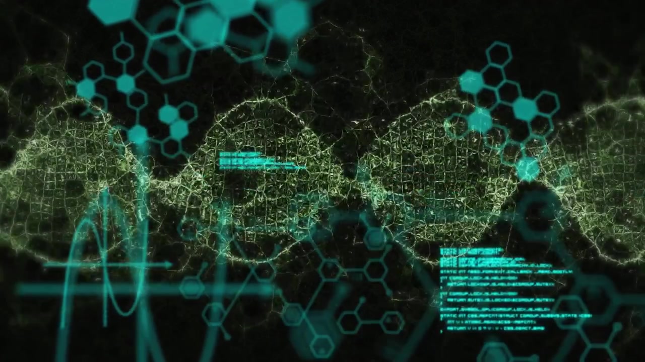 Animation of waves and scientific data processing on black background