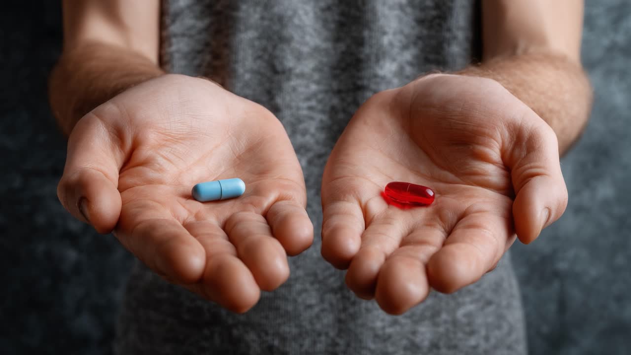 A Visual Metaphor of Choice: Blue and Red Capsules Held in Open Hands, Representing Life-Altering Decisions and Paradigms of Thought in a Captivating Display