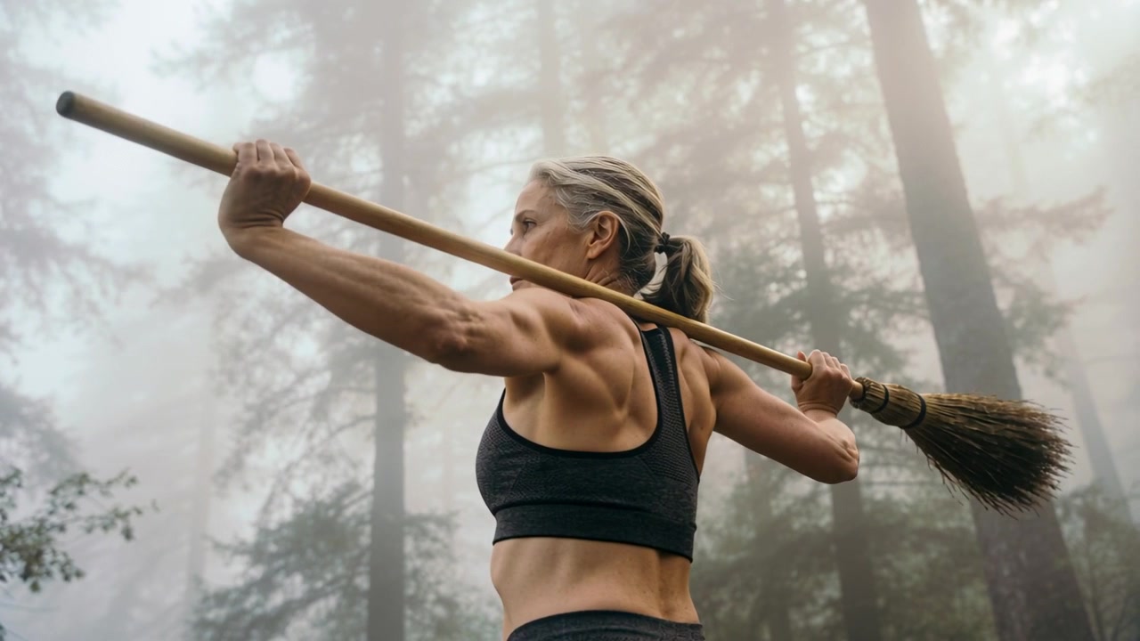 Mulher de top esportivo e leggings começando o aquecimento, ajustando uma vassoura de madeira nos ombros em floresta nebulosa.