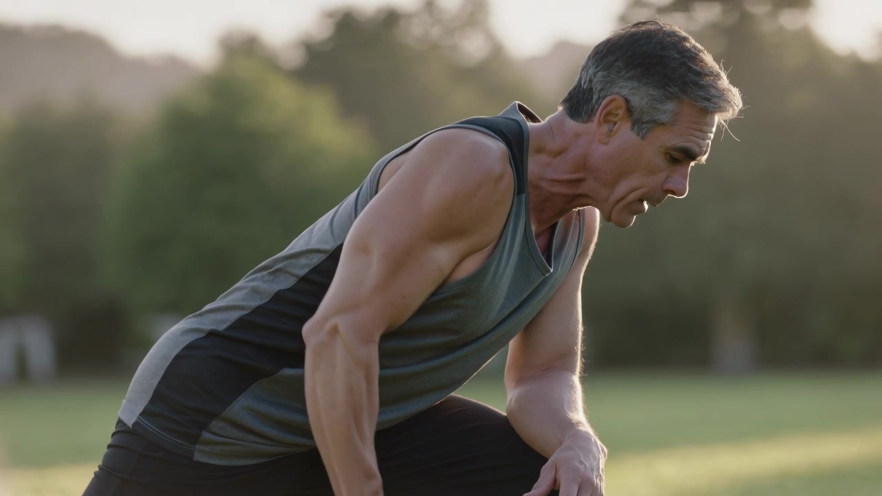 Starting middle-aged man wearing sleeveless tank pulling hex dumbbell on lawn, building back muscle