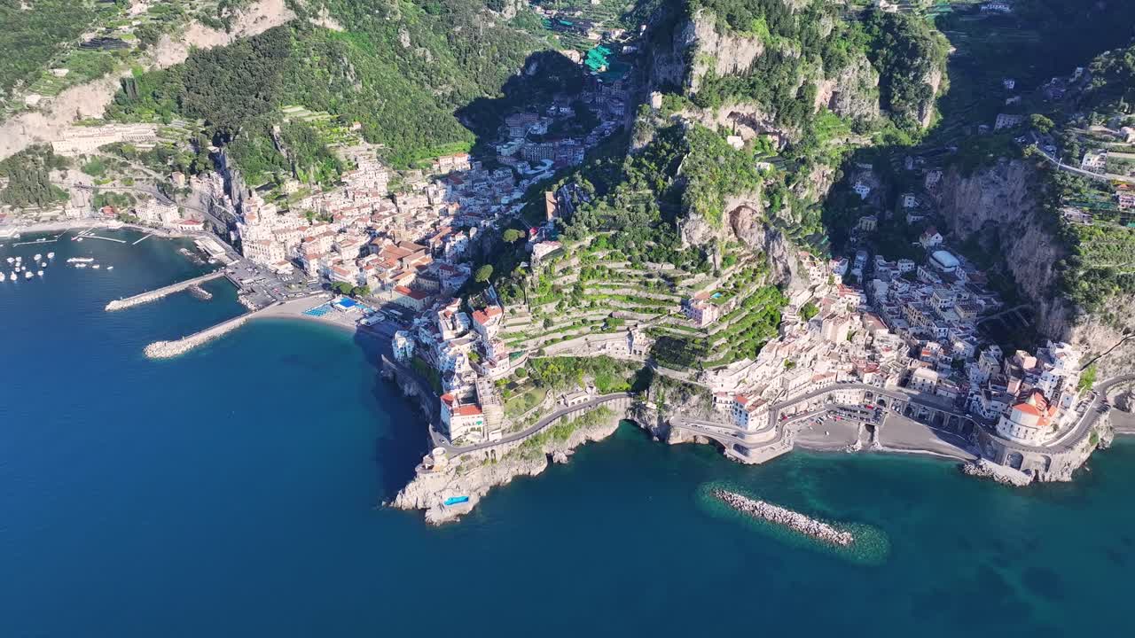 Amalfi Coast At Amalfi In Salerno Italy. Beach Landscape. Giant Cliffs Scene. Amalfi Coast At Salerno Italy. Medieval City Skyline. Gulf Of Salerno Mediterranean Sea. Beach Skyline.