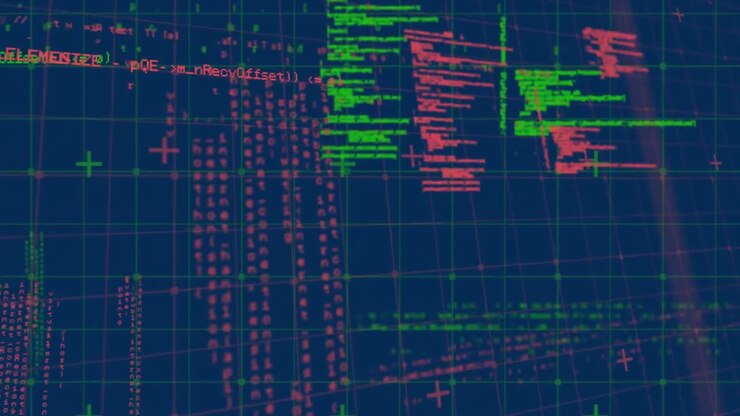 Animation of data processing over grid on blue background