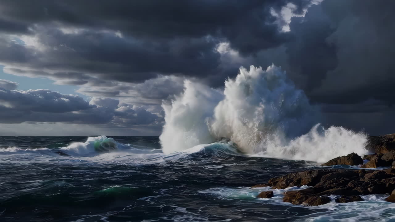 Stormy Ocean Waves Crashing on Rocky Shore