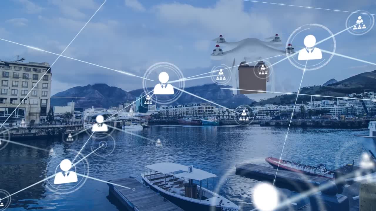 아이콘과 배달 드론과 함께 마리나에 대한 연결 네트워크의 애니메이션