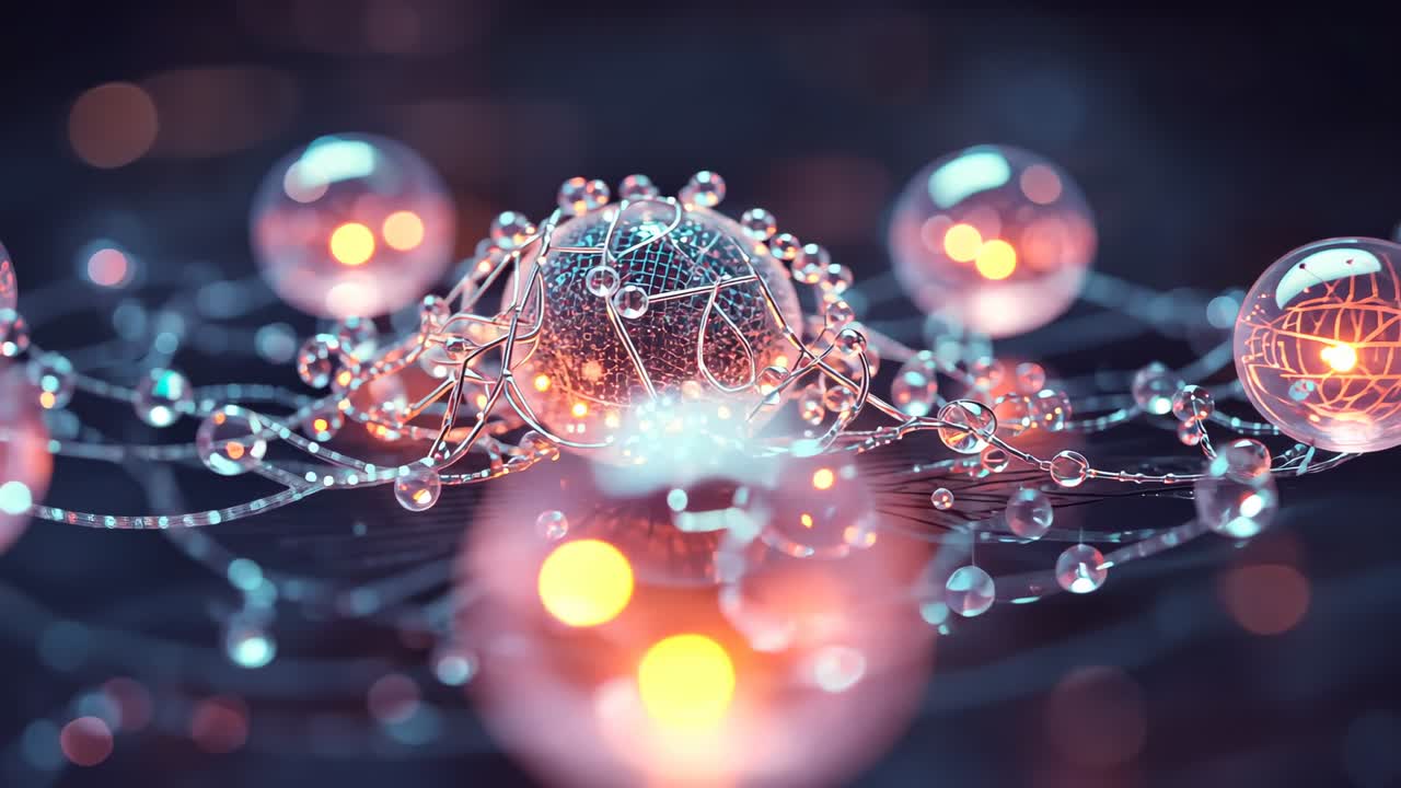 Panning camera shifting focus across CGI view while droplets drifting over glowing central sphere