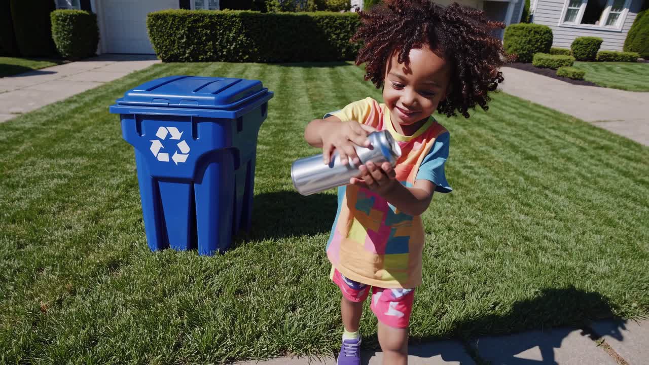 Uma criança em traje colorido recicla uma lata em uma lixeira azul
