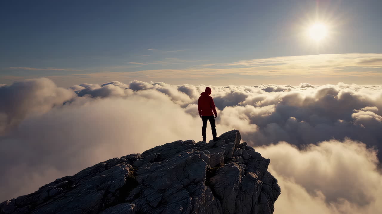 Man Standing on a Mountain Peak Above the Clouds at Sunrise