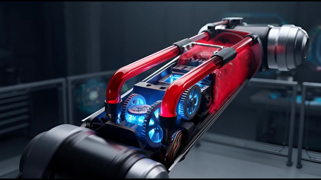 Futuristic Robotic Arm Mechanism with Glowing Gears and Red Fluid
