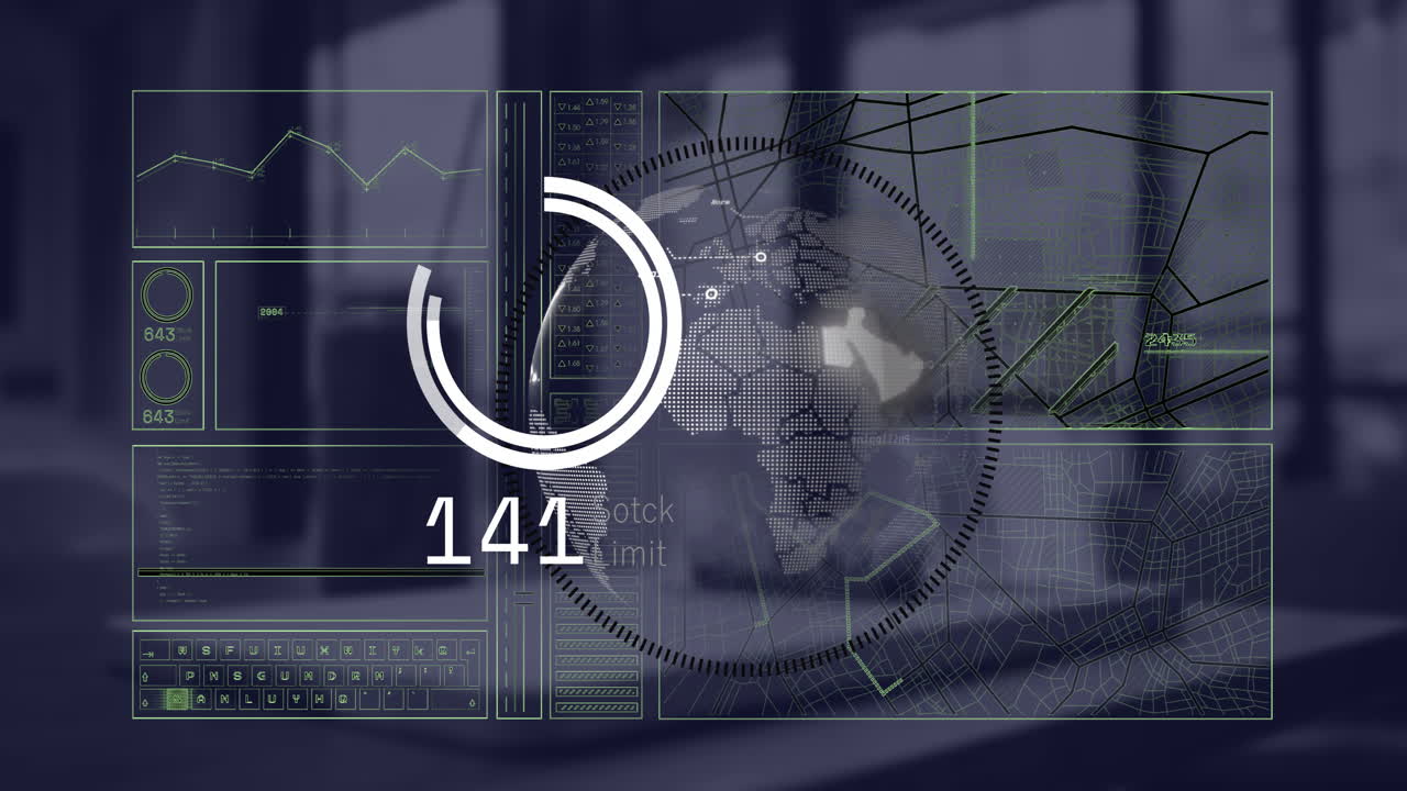 Animation of financial data processing over desk in office