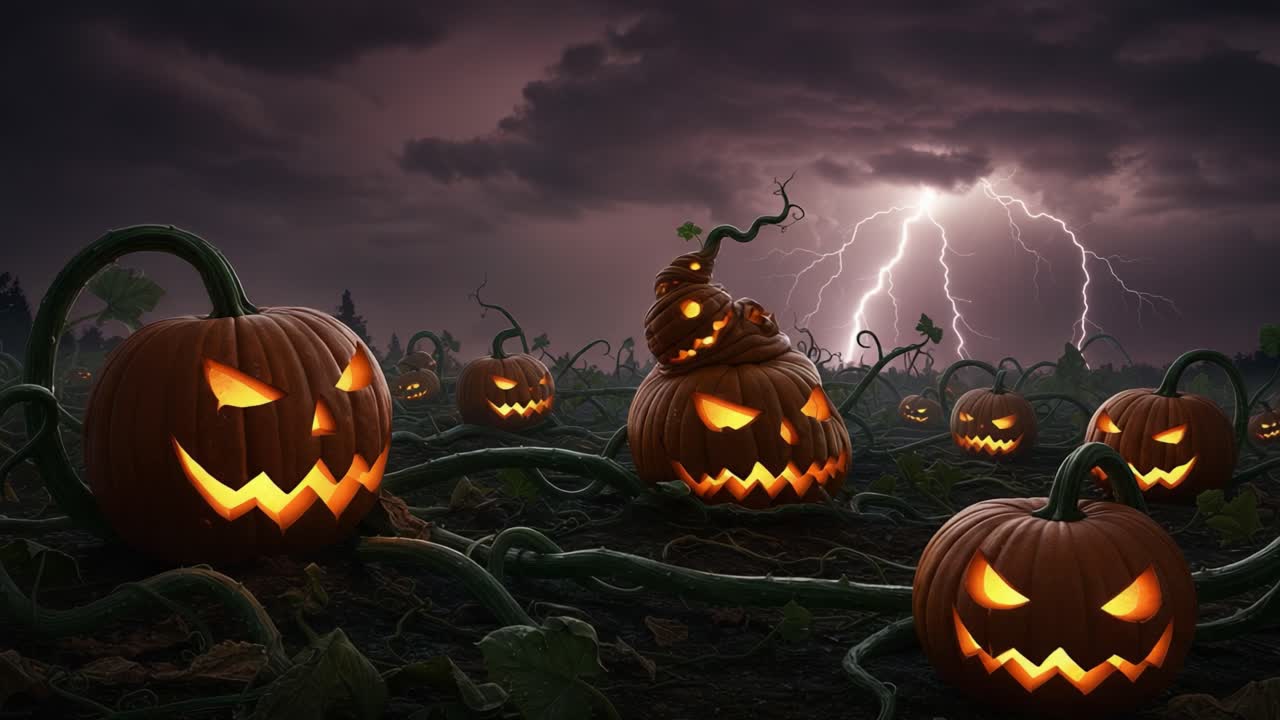 Eerie Halloween Scene with Glowing Jack-o'-Lanterns Surrounded by Sinister Stormy Skies and Gnarled Vines, Capturing the Chilling Spirit of the Haunted Season