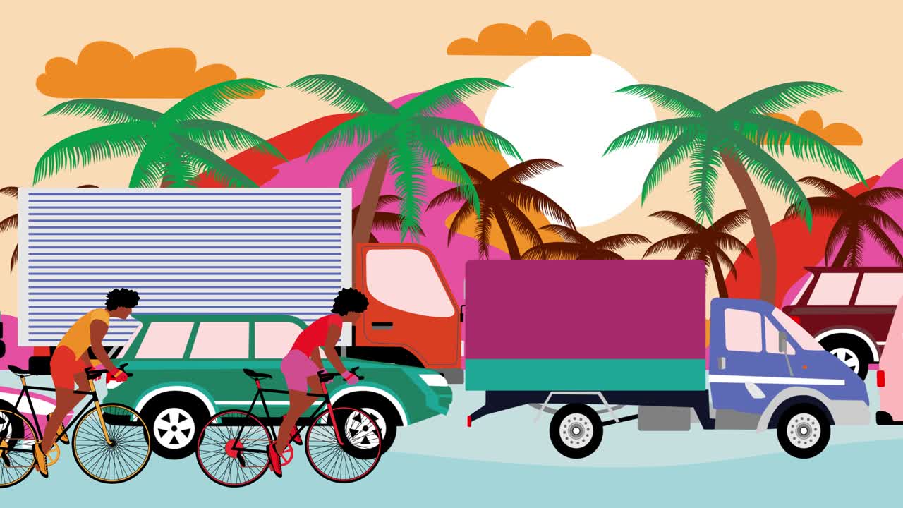 아프리카계 미국인 자전거 타는 사람들은 손바닥이 있는 해변 도로에서 교통 체증을 지나 자전거를 타고 있습니다.