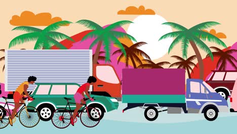 los ciclistas afroamericanos están montando bicicletas más allá del atasco de tráfico en la carretera de la playa con palmeras. animación de dibujos animados, diseño plano, bucle 4k