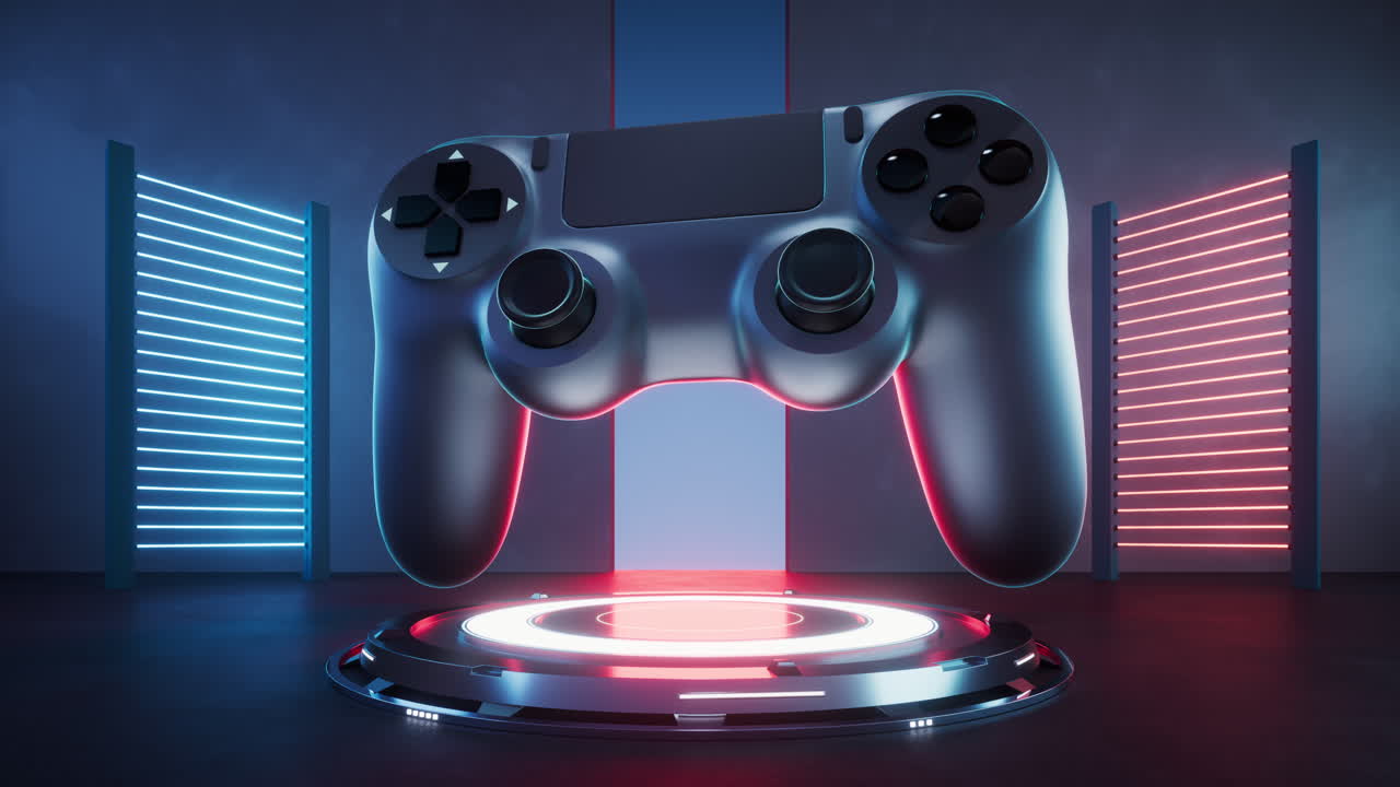 gamepad con luces de neón brillantes en el fondo, renderización en 3d.
