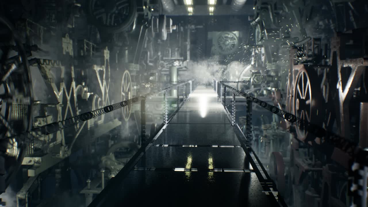 una vieja fábrica de steampunk vintage con mecanismos giratorios en funcionamiento, humo y chispas. el concepto de mecanismos steampunk. la animación es perfecta para fondos de vintage, fantasía y tecnología.