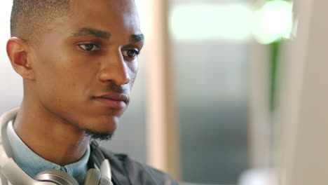 thinking, focus and serious black man working