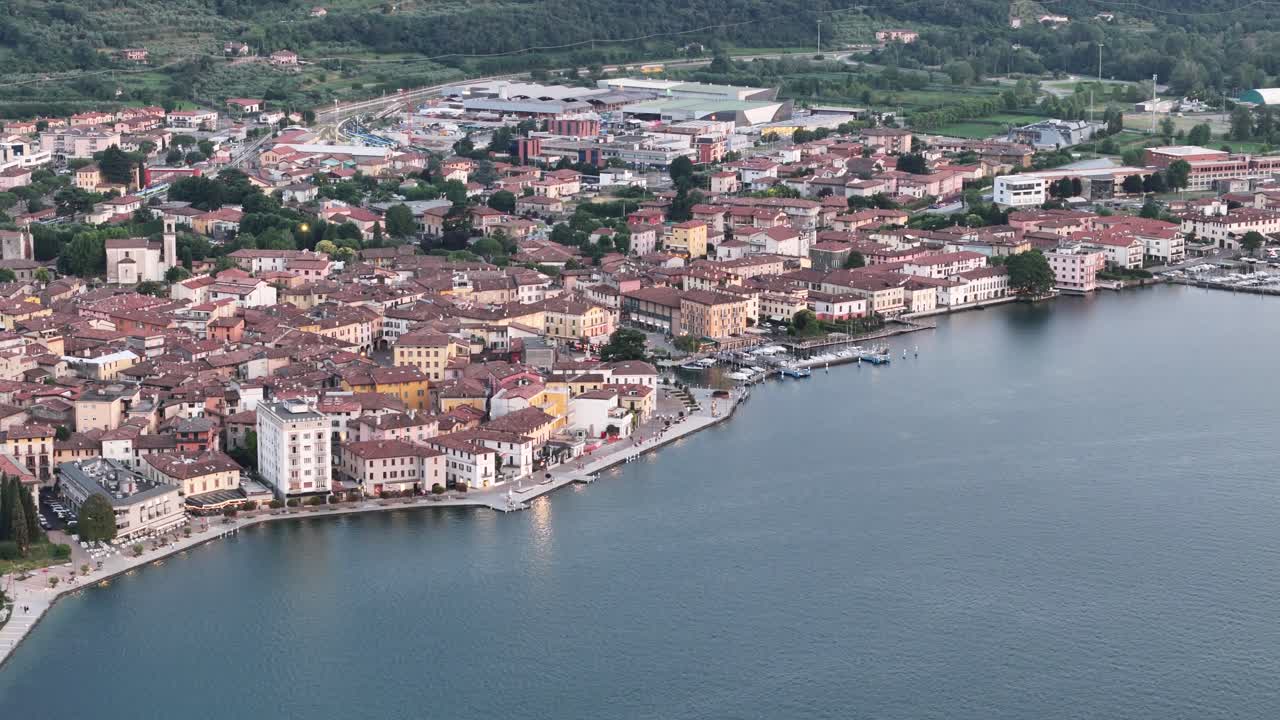 Town of Iseo on Lake D, Iseo Italy Panning drone aerial