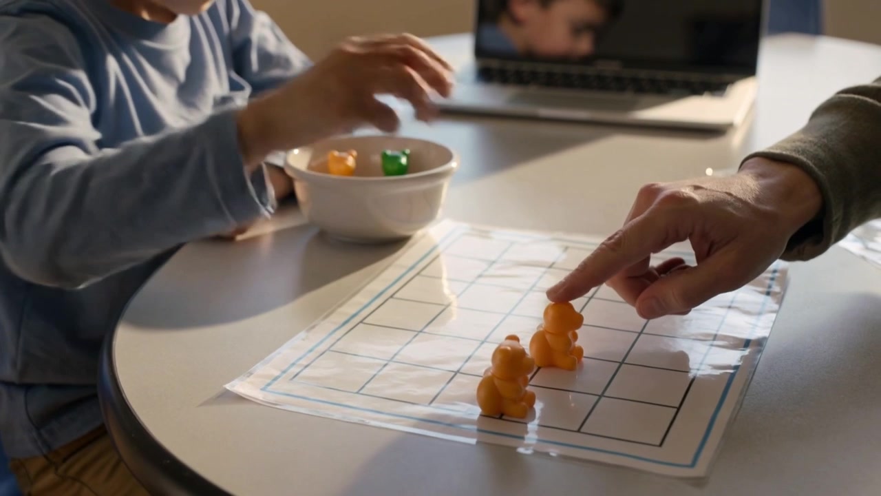 Placing boy blue-shirt moving counters bowl to grid at home for sorting, adult pointing, laptop