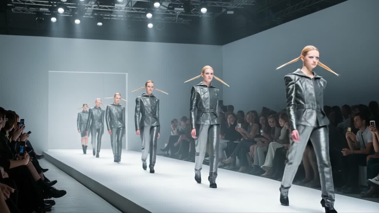 A Cutting-Edge Fashion Show Featuring Models in Futuristic Silver Attire with Unique Hair Designs on a Minimalistic Catwalk