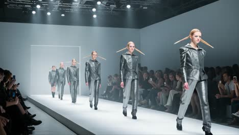 a cutting-edge fashion show featuring models in futuristic silver attire with unique hair designs on a minimalistic catwalk
