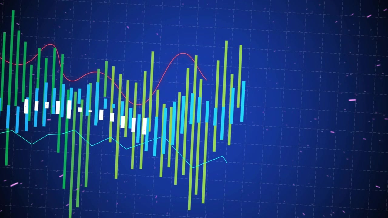 Incoming data plotting bars right, red MA sweeping, cyan zigzag tracing, showing finance trends