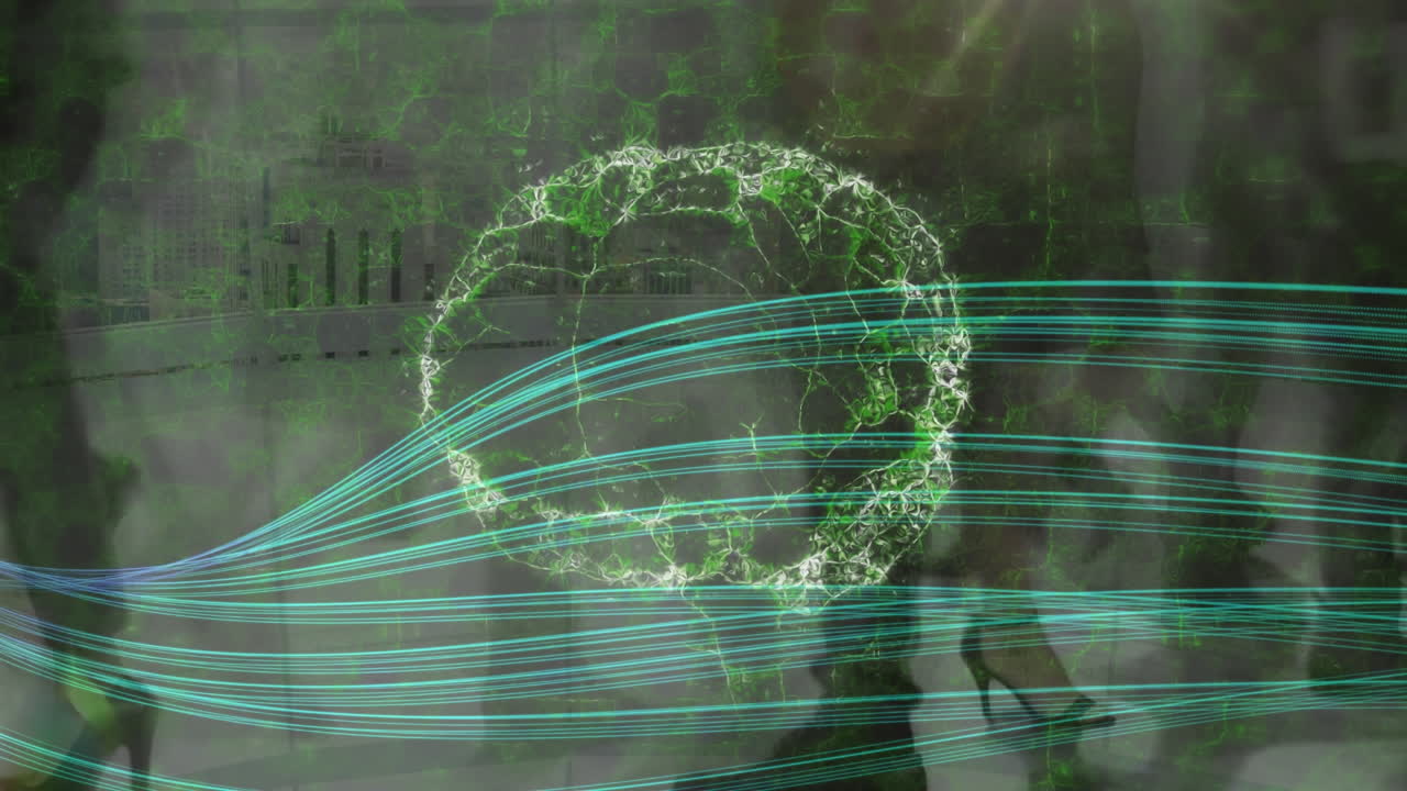 빠른 움직임으로  ⁇ 고 있는 사람들 위에서 회전하는 인간의 뇌의 애니메이션