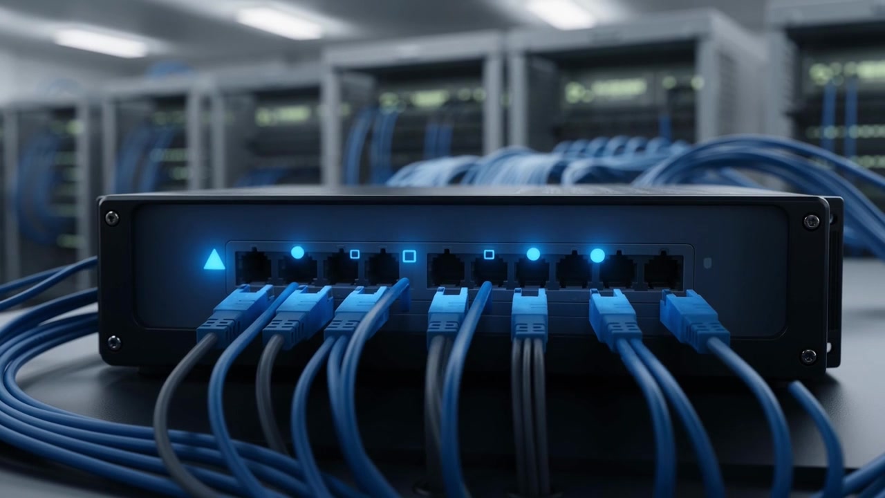 Network Switch With Blinking Blue Status Lights in Data Center