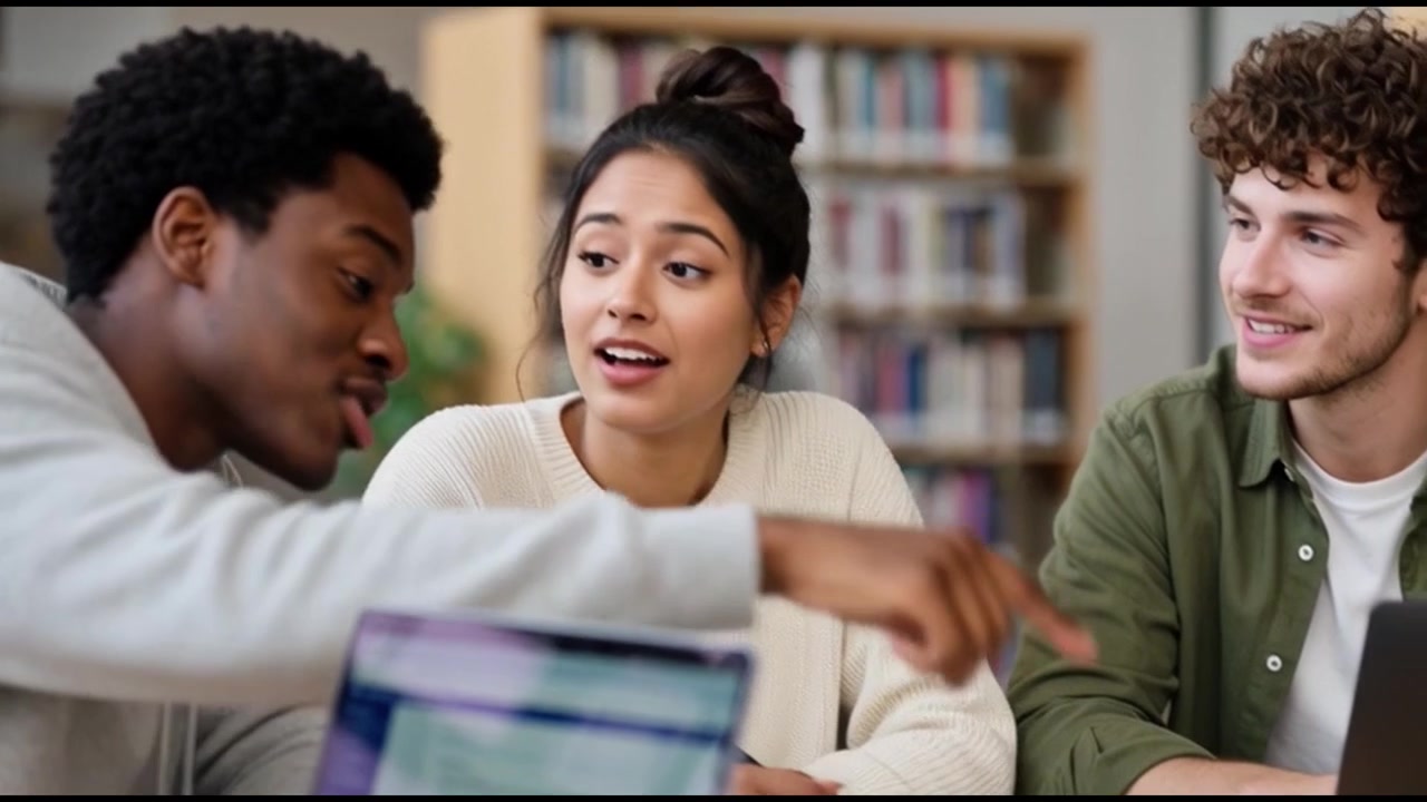 Diverse Group of Students Collaborating on a Project in a Library