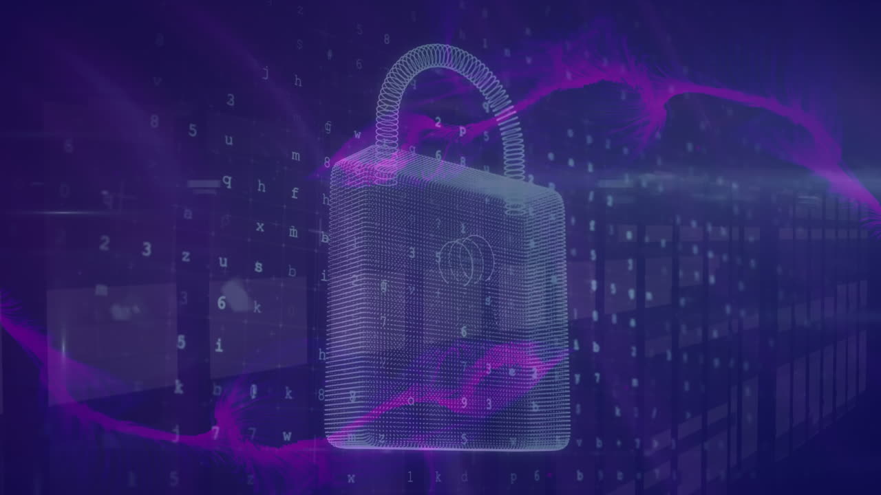 Animation of letter, numbers, symbols over padlock and abstract pattern against bars in background