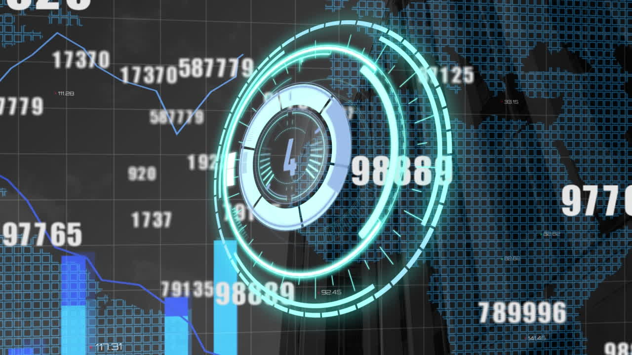 cuenta atrás sobre el escáner redondo de neón y los números cambiantes flotando sobre el mapa del mundo y los edificios altos