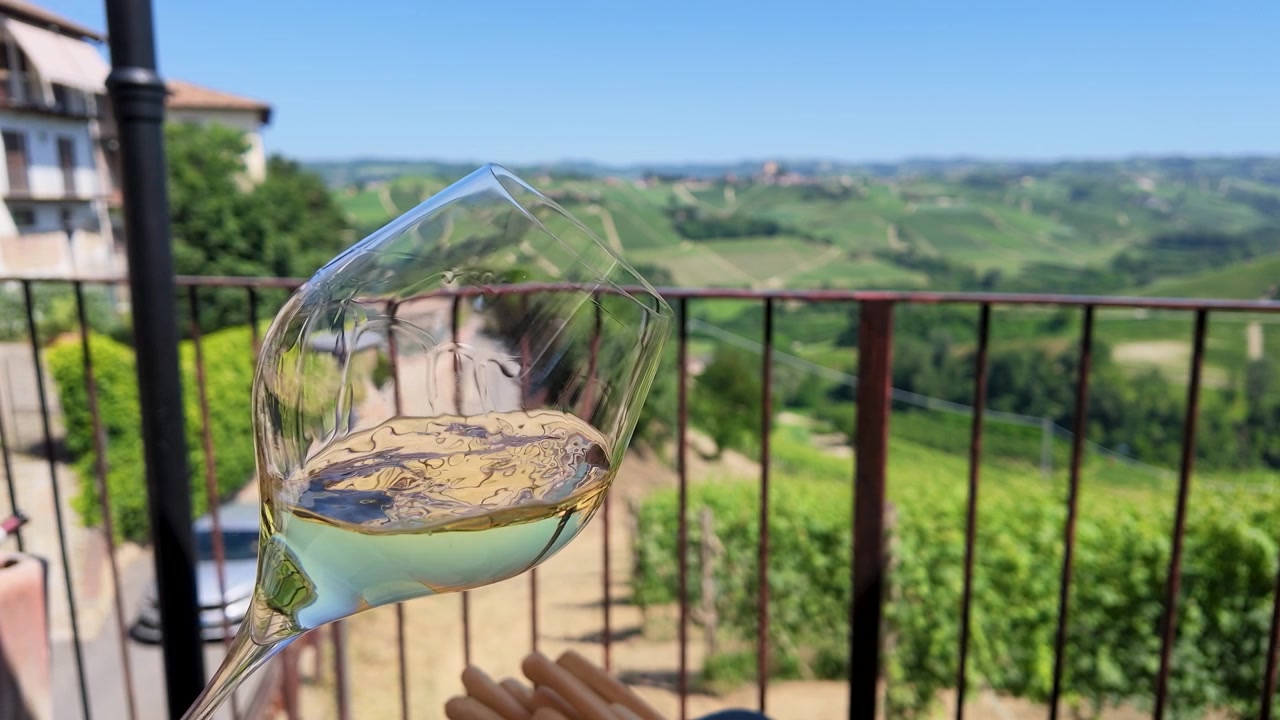 Sklenice bílého vína s výhledem na italské vinice