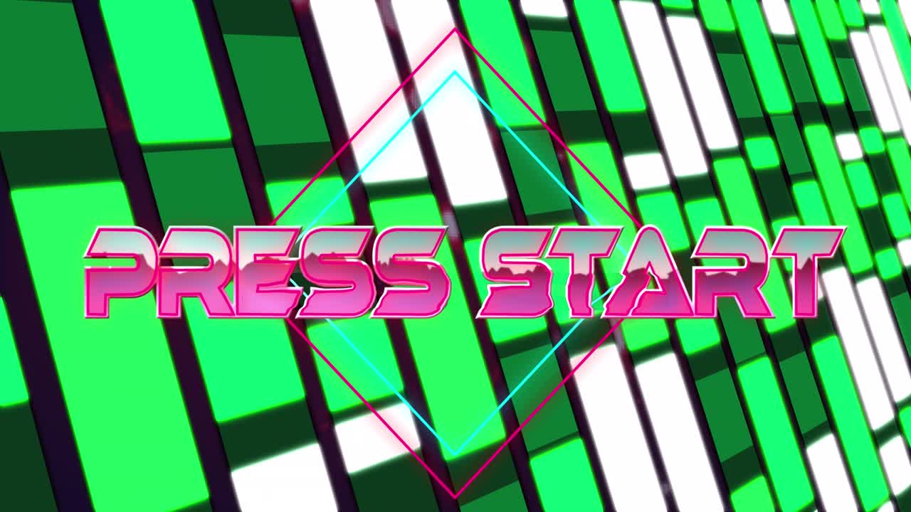 Animace textu 'stiskněte start' nad kosočtverci na pozadí osvětlených obdélníků.